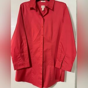 Chicos Coral Red No Iron Tunic Button Up Blouse
